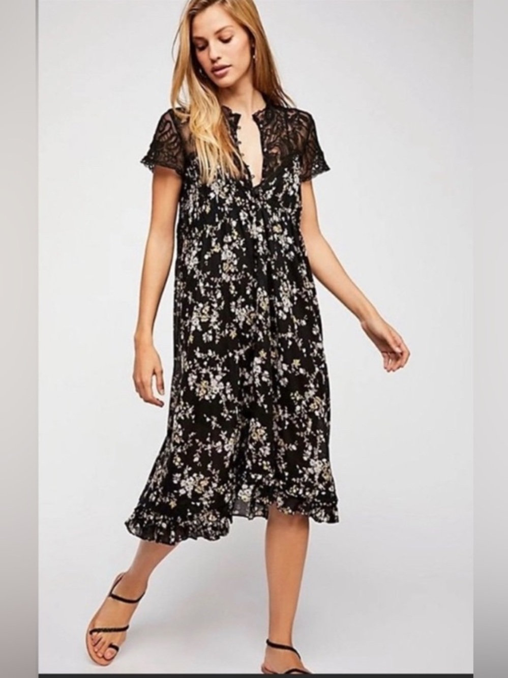 Free People Black Floral Lace-Yoke Midi Dress size Large resort wear